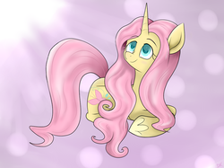 Size: 1024x764 | Tagged: safe, artist:enviaart, fluttershy, pony, unicorn, g4, abstract background, female, fluttershy (g5 concept leak), g5 concept leak style, g5 concept leaks, looking at something, looking up, mare, prone, smiling, solo, unicorn fluttershy