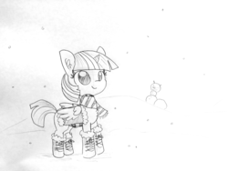 Size: 1280x960 | Tagged: safe, artist:tjpones, twilight sparkle, alicorn, pony, g4, black and white, clothes, female, grayscale, lineart, mare, monochrome, sketch, smiling, snow, snowman, solo, traditional art, twilight sparkle (alicorn)