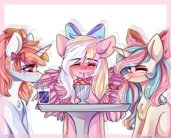 Size: 2233x1791 | Tagged: safe, artist:crybaby, oc, oc only, oc:bay breeze, oc:mirabelle, oc:sunrise rhapsody, pegasus, pony, unicorn, blushing, bow, cute, drink, female, hair bow, mare, simple background, trio, ych result