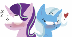 Size: 791x410 | Tagged: safe, artist:kabukipie, artist:therealkabukipie, starlight glimmer, trixie, pony, unicorn, g4, blushing, female, heart, lesbian, mare, ship:startrix, shipping, simple background, white background