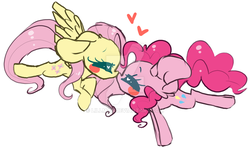 Size: 1024x607 | Tagged: safe, artist:lillmae, fluttershy, pinkie pie, pony, g4, eyes closed, female, heart, kissing, lesbian, nuzzling, obtrusive watermark, profile, ship:flutterpie, shipping, simple background, spread wings, watermark, white background, wings