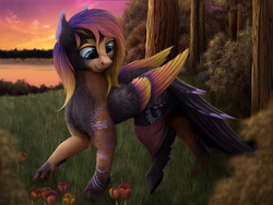 Size: 1000x750 | Tagged: safe, artist:geoffrey mcdermott, oc, oc only, oc:blooming lotus, pegasus, pony, clothes, colored wings, detailed background, female, gradient wings, mare, mid-transformation, open mouth, open smile, outdoors, ripping clothes, smiling, solo, tail, tail feathers, transformation, wings
