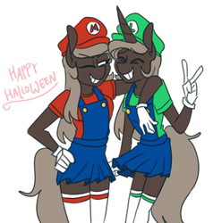 Size: 411x431 | Tagged: safe, artist:redxbacon, oc, oc only, oc:parch well, oc:securina, earth pony, unicorn, anthro, anthro oc, cap, clothes, cosplay, costume, duo, eyes closed, female, gloves, halloween, hand on hip, hat, holiday, luigi, male, mario, one eye closed, peace, peace sign, pleated skirt, simple background, skirt, smiling, socks, super mario bros., thigh highs, white background, zettai ryouiki