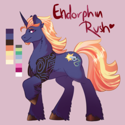 Size: 1200x1200 | Tagged: safe, artist:lionheartlullabye, oc, oc only, oc:endorphin rush, pony, unicorn, chest fluff, ear fluff, facial hair, fluffy, goatee, heart, leg fluff, lidded eyes, looking at you, magical lesbian spawn, male, neck fluff, offspring, parent:sassy saddles, parent:whoa nelly, parents:whoasaddles, pink background, raised hoof, shoulder fluff, simple background, solo, stallion, tattoo, unshorn fetlocks