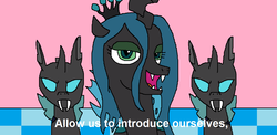 Size: 1176x573 | Tagged: safe, artist:logan jones, queen chrysalis, changeling, changeling queen, a canterlot wedding, g4, allow us to introduce ourselves, fangs, female, meme, ponified meme, subtitles, veggietales