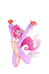 Size: 865x1288 | Tagged: safe, artist:ladychimaera, pinkie pie, earth pony, anthro, unguligrade anthro, g4, clothes, costume, dragon costume, female, halloween, halloween costume, holiday, implied spike, kigurumi, mare, simple background, solo, white background