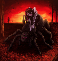 Size: 1533x1613 | Tagged: safe, artist:hagalazka, oc, oc only, oc:whisper quill, giant spider, pegasus, pony, commission, happy, red sky, solo, tree