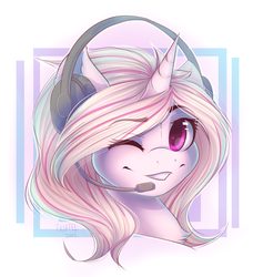 Size: 1885x2071 | Tagged: safe, artist:falafeljake, oc, oc only, oc:dixie, pony, unicorn, female, headphones, headset, one eye closed, smiling, solo, wink, ych result