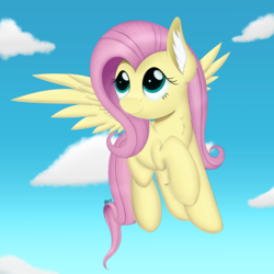 Size: 3750x3750 | Tagged: safe, artist:arcane-thunder, fluttershy, pegasus, pony, cloud, cute, digital art, ear fluff, female, flying, head turn, high res, looking away, looking up, mare, shyabetes, signature, sky, smiling, solo, spread wings, wings