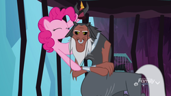 Size: 1920x1080 | Tagged: safe, screencap, lord tirek, pinkie pie, centaur, earth pony, pony, g4, school raze, cage, crossed arms, duo, female, hat, male, mare, nose piercing, nose ring, party hat, piercing, septum piercing