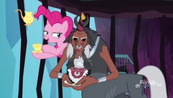 Size: 1920x1080 | Tagged: safe, screencap, lord tirek, pinkie pie, centaur, earth pony, pony, g4, school raze, cage, cup, duo, female, food, hat, male, mare, nose piercing, nose ring, party hat, piercing, prehensile mane, septum piercing, teacup
