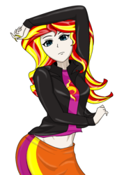Size: 713x1000 | Tagged: safe, artist:anonix123, sunset shimmer, equestria girls, g4, clothes, cutie mark on clothes, female, human coloration, jacket, leather, leather jacket, pose, shirt, simple background, skirt, solo, transparent background