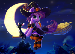 Size: 3260x2370 | Tagged: safe, artist:taneysha, oc, oc only, oc:vee ness, cat, pegasus, pony, black cat, broom, clothes, crescent moon, female, flying, flying broomstick, halloween, hat, high res, holiday, houses, kneesocks, mare, moon, night, smiling, socks, striped socks, witch, witch hat