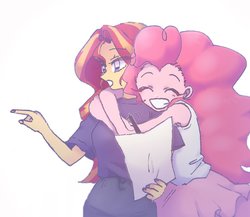 Size: 1053x915 | Tagged: safe, artist:xp_r6, pinkie pie, sunset shimmer, equestria girls, g4, duo, eyes closed, female, hug, lesbian, letter, ship:sunsetpie, shipping, simple background, white background