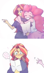 Size: 1053x1727 | Tagged: safe, artist:xp_r6, pinkie pie, sunset shimmer, equestria girls, g4, blushing, eyes closed, female, heart, hug, lesbian, letter, ship:sunsetpie, shipping, simple background, white background