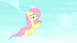 Size: 1280x720 | Tagged: safe, screencap, fluttershy, bird, pegasus, pony, g4, yakity-sax, feather, featherless, female, flying, mare, plucked wings, sky