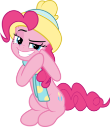 Size: 833x959 | Tagged: safe, artist:jhayarr23, pinkie pie, earth pony, pony, best gift ever, g4, beanie, clothes, faic, female, hat, looking at you, raised eyebrow, rubbing hooves, scarf, simple background, smiling, smirk, solo, transparent background, vector, winter outfit