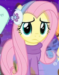 Size: 618x780 | Tagged: safe, screencap, fluttershy, best gift ever, g4, clothes, cropped, earmuffs, fluttershy's purple sweater, looking at you, needs more jpeg, solo focus, sweater, sweatershy, winter outfit