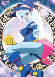Size: 900x1273 | Tagged: safe, artist:emjapeve-art, trixie, equestria girls, g4, anime, ass, breasts, butt, clothes, crossover, dark magician girl, female, obtrusive watermark, sideboob, solo, the great and powerful ass, thighs, watermark, yu-gi-oh!