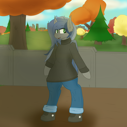 Size: 2000x2000 | Tagged: safe, artist:eclipsepenumbra, artist:eclipsethebat, oc, oc only, oc:eclipse penumbra, bat pony, semi-anthro, arm hooves, autumn, clothes, cute, heart eyes, high res, jeans, pants, solo, sweater, wingding eyes