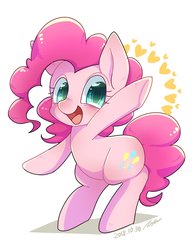 Size: 1580x2048 | Tagged: safe, artist:bbtasu, pinkie pie, earth pony, pony, g4, bipedal, cute, diapinkes, female, heart, mare, simple background, smiling, solo, waving, white background
