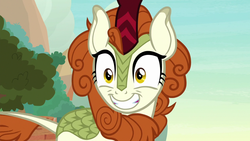 Size: 1280x720 | Tagged: safe, screencap, autumn blaze, kirin, g4, sounds of silence, cute, female, grin, mare, smiling, solo, squee, wide eyes