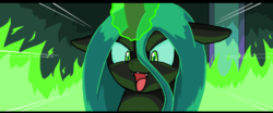 Size: 1109x460 | Tagged: safe, artist:droll3, queen chrysalis, changeling, changeling queen, g4, adoracreepy, creepy, cute, cute little fangs, cutealis, fangs, female, floppy ears, glowing, glowing horn, horn, smiling, solo