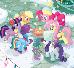 Size: 868x793 | Tagged: safe, artist:tonyfleecs, applejack, fluttershy, pinkie pie, rainbow dash, rarity, spike, twilight sparkle, alicorn, dragon, earth pony, pegasus, pony, unicorn, best gift ever, g4, a present for everypony, butt, clothes, earmuffs, female, hat, magic, male, mane seven, mane six, mare, plot, scarf, snow, striped scarf, telekinesis, twilight sparkle (alicorn), winged spike, wings, winter, winter outfit
