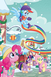 Size: 865x1292 | Tagged: safe, artist:tonyfleecs, fluttershy, pinkie pie, rainbow dash, rarity, twilight sparkle, alicorn, earth pony, pegasus, pony, unicorn, g4, my little pony best gift ever, a present for everypony, boots, clothes, earmuffs, female, flying, hat, mare, ponyville, rainbow trail, scarf, shoes, snow, speed trail, sweater, toque, twilight sparkle (alicorn), winter, winter outfit