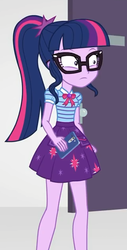 Size: 320x630 | Tagged: safe, screencap, sci-twi, twilight sparkle, equestria girls, equestria girls specials, g4, my little pony equestria girls: better together, my little pony equestria girls: rollercoaster of friendship, cellphone, clothes, cropped, female, geode of telekinesis, glasses, phone, ponytail, skirt, smartphone, solo, sudden realization