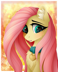 Size: 1945x2410 | Tagged: dead source, safe, artist:vird-gi, fluttershy, pegasus, pony, abstract background, adorasexy, beautiful, bust, chest fluff, collar, crying, cute, daaaaaaaaaaaw, ear fluff, female, flutterpet, looking away, looking down, mare, open mouth, pony pet, portrait, sad, sadorable, shyabetes, solo