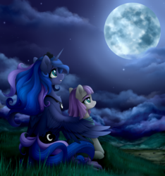 Size: 2250x2400 | Tagged: dead source, safe, artist:vird-gi, maud pie, princess luna, alicorn, earth pony, pony, g4, crying, duo, duo female, fanfic art, female, full moon, high res, mare, moon, night, tears of joy