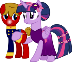 Size: 5000x4306 | Tagged: safe, twilight sparkle, oc, oc:max mustang, alicorn, pony, g4, absurd resolution, bun, canon x oc, clothes, dress, duo, eyeshadow, female, flower, flower in hair, holding hooves, makeup, male, mare, maxlight (shipping), pin, simple background, snow tip nose, stallion, transparent background, twilight sparkle (alicorn), uniform, vector