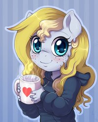 Size: 801x997 | Tagged: dead source, safe, artist:evomanaphy, oc, oc only, oc:evo, anthro, blushing, chibi, clothes, cup, cute, female, freckles, heart, looking at you, mug, smiling, solo, sweater