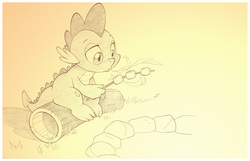 Size: 1042x673 | Tagged: safe, artist:sherwoodwhisper, spike, dragon, g4, campfire, fire, fire breath, food, gradient background, male, marshmallow, monochrome, mundane utility, pencil drawing, solo, traditional art