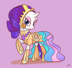 Size: 1737x1636 | Tagged: safe, artist:docwario, rarity, pony, unicorn, g4, alternate hairstyle, clothes, dress, female, headdress, lidded eyes, looking at you, looking sideways, mare, raised hoof, raritober, smiling, solo, standing, turned head