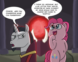 Size: 3000x2400 | Tagged: safe, artist:saburodaimando, chancellor neighsay, pinkie pie, g4, are you pondering what i'm pondering, belly button, bipedal, high res, martha, maurice lamarche, pinky and the brain, voice actor joke, zach snyder