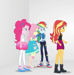 Size: 509x515 | Tagged: safe, screencap, pinkie pie, rainbow dash, sunset shimmer, equestria girls, equestria girls specials, g4, my little pony equestria girls: better together, my little pony equestria girls: rollercoaster of friendship, boots, clothes, converse, cropped, dress, female, geode of empathy, geode of sugar bombs, geode of super speed, high heel boots, jacket, leather, leather jacket, magical geodes, pants, pantyhose, room, sandals, shoes, skirt, sneakers