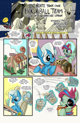 Size: 6600x10200 | Tagged: safe, artist:lytlethelemur, oc, oc:champion, oc:gimbal lock, pegasus, pony, unicorn, comic:ponies in the outfield, absurd resolution, billboard, buckball, chest, cloud, comic, female, mare, misspelling, paper, pencil, sword, weapon