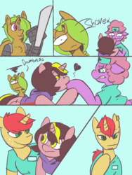 Size: 768x1024 | Tagged: safe, artist:mattdrawstoons, artist:zeebs, oc, oc only, oc:arliel, oc:plasma heart, oc:red dive, earth pony, pony, unicorn, afro, amputee, augmented, broken horn, comic, cyoa, cyoa:space frontier, description is relevant, dialogue, horn, patreon, patreon reward, prosthetic limb, prosthetics, space, story included