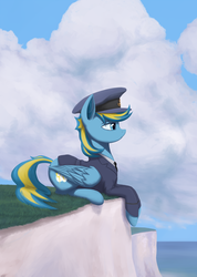Size: 2300x3238 | Tagged: safe, artist:mrscroup, oc, oc only, oc:bolterdash, pony, clothes, cloud, hat, high res, male, sky, solo, stallion, suit, water
