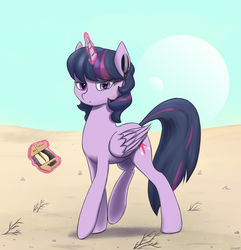 Size: 2236x2319 | Tagged: safe, artist:mrscroup, twilight sparkle, alicorn, pony, g4, desert, female, glowing horn, high res, horn, looking at you, magic, mare, matter manipulator, sky, solo, starbound, telekinesis, twilight sparkle (alicorn)