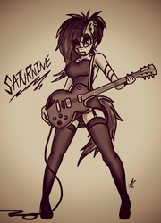 Size: 1687x2337 | Tagged: safe, oc, unicorn, anthro, anthro oc, clothes, garter belt, guitar, hair over one eye, lingerie, messy mane, see-through, socks, stockings, thigh highs