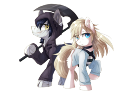 Size: 3264x2448 | Tagged: safe, artist:kaliner123, pony, anime, clothes, crossover, female, grim reaper, high res, isaac foster, male, mare, ponified, rachel gardner, raised hoof, satsuriku no tenshi, scythe, simple background, stallion, transparent background
