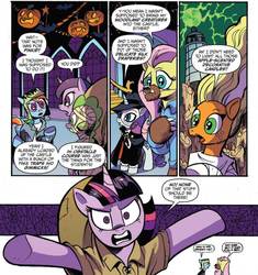 Size: 962x1023 | Tagged: safe, artist:andy price, idw, official comic, applejack, fluttershy, pinkie pie, rainbow dash, rarity, twilight sparkle, alicorn, pony, g4, spoiler:comic, spoiler:comic71, bride of frankenstein, comic, cropped, female, frankenstein's monster, larry talbot, mane six, mare, phantom of the opera, quasimodo, speech bubble, the hunchback of notre dame, the mummy, the wolf man, twilight sparkle (alicorn)