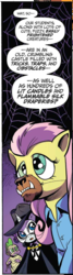 Size: 390x1448 | Tagged: safe, artist:andypriceart, idw, official comic, fluttershy, pony, g4, spoiler:comic, spoiler:comic71, cropped, female, mare, purple background, simple background, solo focus, speech bubble