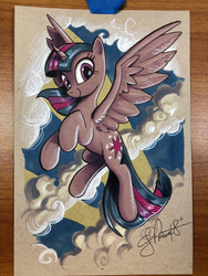Size: 1536x2048 | Tagged: safe, artist:andypriceart, twilight sparkle, alicorn, pony, g4, colored pencil drawing, female, flying, looking at you, mare, marker drawing, solo, spread wings, toned paper, traditional art, twilight sparkle (alicorn), wings