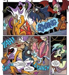 Size: 985x1076 | Tagged: safe, artist:andy price, idw, ocellus, queen chrysalis, sandbar, smolder, bird, changedling, changeling, dragon, ghost, parrot, g4, spoiler:comic, spoiler:comic71, comic, cropped, dragoness, female, speech bubble