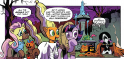 Size: 911x439 | Tagged: safe, artist:andy price, idw, applejack, fluttershy, rarity, twilight sparkle, alicorn, pony, g4, spoiler:comic, spoiler:comic71, and then there's rarity, big no, bride of frankenstein, cropped, drama queen, frankenstein's bride, marshmelodrama, sad, screaming, skewed priorities, speech bubble, twilight sparkle (alicorn)