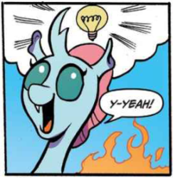 Size: 248x255 | Tagged: safe, artist:andypriceart, idw, ocellus, changedling, changeling, g4, spoiler:comic, spoiler:comic71, blue background, cropped, cute, cute little fangs, cuteling, diaocelles, excited, fangs, happy, idea, lightbulb, simple background, smiling, speech bubble